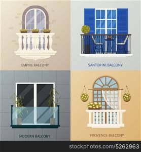 Balcony Design Compositions Set. Four square compositions set with antique classic and modern balcony design concept with flat window images vector illustration