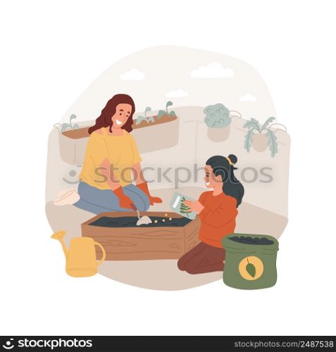 Balcony gardening isolated cartoon vector illustration. Mother and child planting seeds in a pot, kid holding shovel, poring earth, home balcony gardening, growing herbs vector cartoon.. Balcony gardening isolated cartoon vector illustration.