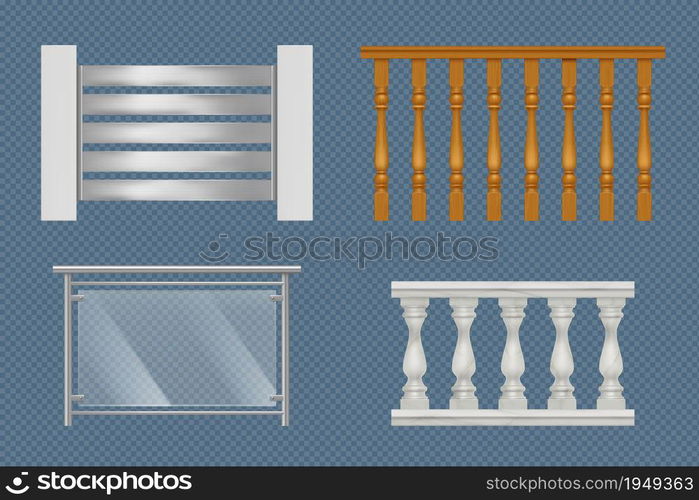 Balcony handrails. Building stairway constructions for terrace wooden glass or metal railing vector realistic templates. Illustration balcony handrail, railing banister design. Balcony handrails. Building stairway constructions for terrace wooden glass or metal railing vector realistic templates