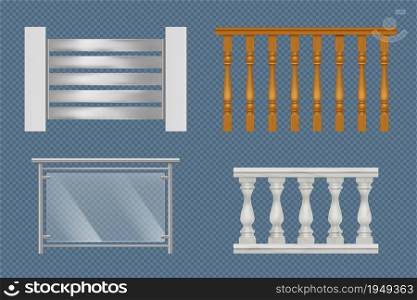Balcony handrails. Building stairway constructions for terrace wooden glass or metal railing vector realistic templates. Illustration balcony handrail, railing banister design. Balcony handrails. Building stairway constructions for terrace wooden glass or metal railing vector realistic templates