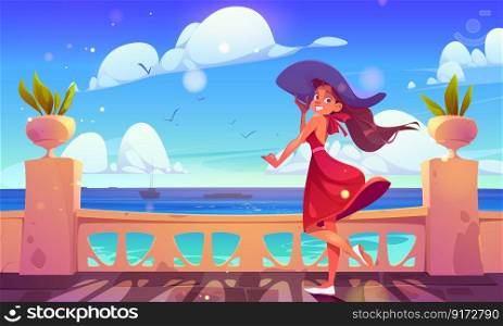 Balcony summer panoramic sea view vector background. Model in hat on terrace cartoon illustration. Ocean landscape with girl standing on floor near stone fence. Sunny day on mediterranean embankment. Balcony summer sea view, model in hat on terrace