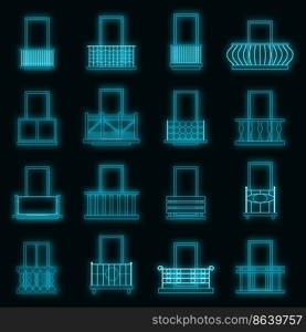 Balcony window forms icons set. Illustration of 16 balcony window forms vector icons neon color on black. Balcony window forms icons set vector neon