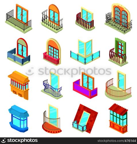Balcony window forms icons set. Isometric illustration of 16 balcony window forms icons set vector icons for web. Balcony window forms icons set, isometric style