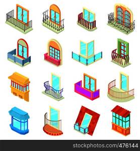 Balcony window forms icons set. Isometric illustration of 16 balcony window forms icons set vector icons for web. Balcony window forms icons set, isometric style