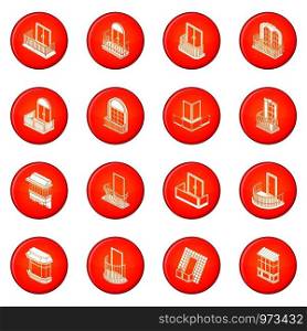 Balcony window forms icons set vector red circle isolated on white background . Balcony window forms icons set red vector