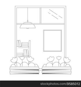 Balcony window with flowers in pots bw concept vector spot illustration. Architecture 2D cartoon flat line monochromatic object for web UI design. Editable isolated outline hero image. Balcony window with flowers in pots bw concept vector spot illustration