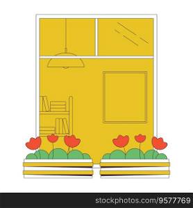 Balcony window with flowers in pots flat line concept vector spot illustration. Architecture 2D cartoon outline object on white for web UI design. Editable isolated color hero image. Balcony window with flowers in pots flat line concept vector spot illustration
