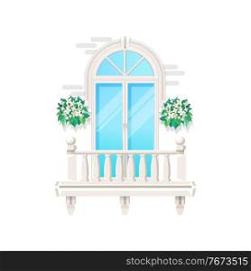 Balcony with house window, vintage classic facade banister of building, vector flat icon. Modern balcony exterior front with window glass door, white marble stone railing and terrace flowers. Balcony, house window and vintage facade banister