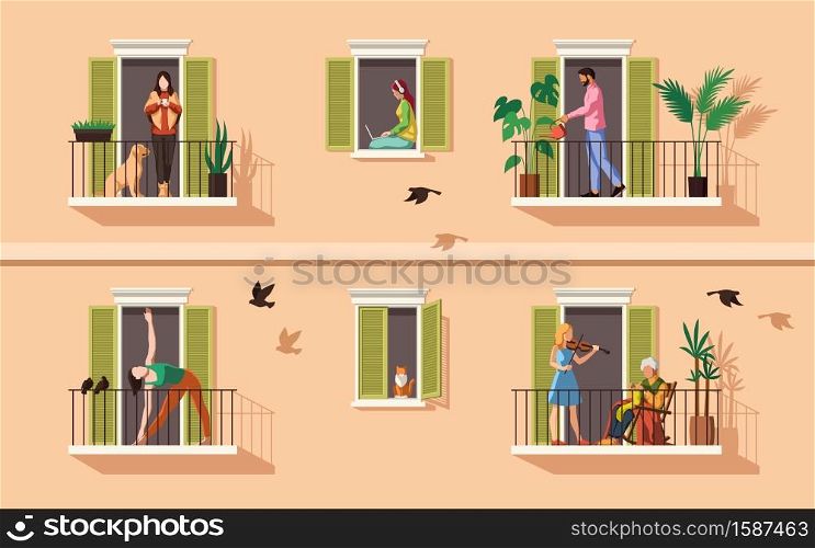 Balcony with people. Persons communicate, relax, playing music and doing yoga on balconies, apartment building characters in flats quarantine period covid-19 pandemic, stay home flat vector concept. Balcony with people. Persons communicate, relax, playing music and doing yoga on balconies, apartment building characters in flats covid-19 pandemic, stay home flat vector concept