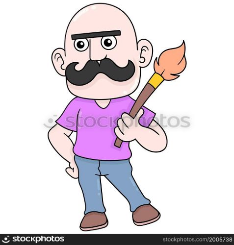 bald male artist with thick mustache carrying a brush to paint