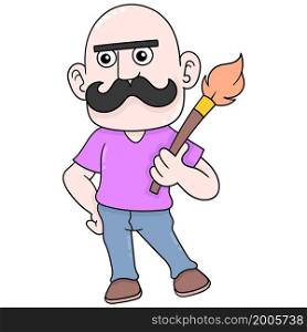 bald male artist with thick mustache carrying a brush to paint