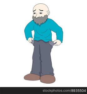 bald man is looking for money from empty pocket pocket. vector design illustration art
