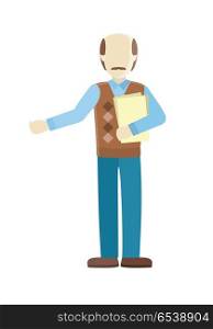 Bald Man Private Personage. Man private personage in front waving her hand. Bald man in brown sweater and blue pants with documents. Isolated vector illustration on white background.