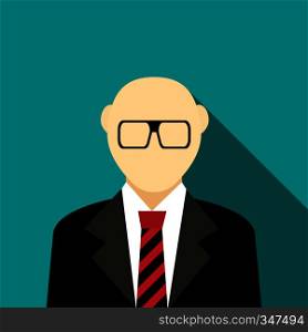 Bald man with a beard and glasses in suit icon in flat style on a turquoise background. Bald man with a beard and glasses in suit icon