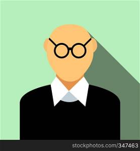 Bald man with glasses icon in flat style on a light blue background. Bald man with glasses icon, flat style