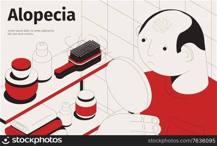 Baldness alopecia isometric background with editable text and character of balding man with mirror and shampoos vector illustration