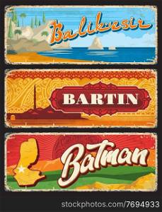 Balikesir, Bartin, Batman il, Turkey provinces vintage plates or banners. Vector retro grunge boards, aged travel destination signs, worn signboards of touristic Turkish landmarks plaques or cards set. Balikesir, Bartin, Batman Turkey provinces plates