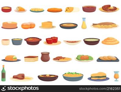 Balkan cuisine icons set cartoon vector. Dinner food. Eggplant menu. Balkan cuisine icons set cartoon vector. Dinner food