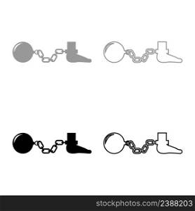 Ball and chain attached foot Silhouette pulling weights Leg with cargo Punishment set icon grey black color vector illustration image simple solid fill outline contour line thin flat style. Ball and chain attached foot Silhouette pulling weights Leg with cargo Punishment set icon grey black color vector illustration image solid fill outline contour line thin flat style