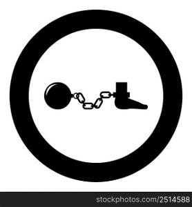 Ball and chain attached foot Silhouette pulling weights Leg with cargo Punishment icon in circle round black color vector illustration image solid outline style simple. Ball and chain attached foot Silhouette pulling weights Leg with cargo Punishment icon in circle round black color vector illustration image solid outline style