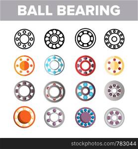 Ball Bearing Mechanism Vector Color Icons Set. Rolling Ball Bearing Linear Symbols Pack. Wheels, Gears, Machinery Equipment. Engineering, Machine Elements Isolated Flat Illustrations. Ball Bearing Mechanism Vector Color Icons Set