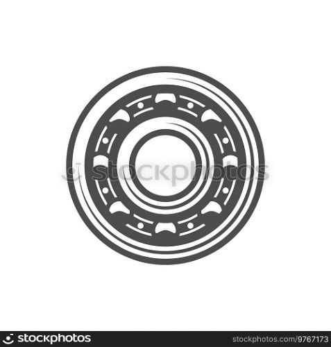 Ball bearing with rolling elements isolated vehicle spare part monochrome icon. Vector car motion bearing rotation detail. Grease roller, engineering and machinery gear, rolling steel industrial wheel. Vehicle machinery gear isolated bearings ball icon