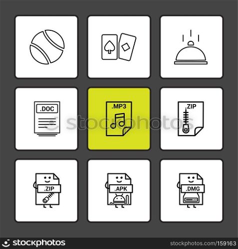 Ball , card , dish , doc , word file , zip , compressed file , mp3 , audio file , apk , android file , dmg , apple file , icon, vector, design,  flat,  collection, style, creative,  icons
