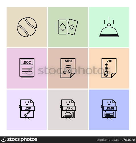 Ball , card , dish , doc , word file , zip , compressed file , mp3 , audio file , apk , android file , dmg , apple file , icon, vector, design, flat, collection, style, creative, icons