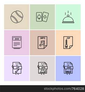 Ball , card , dish , doc , word file , zip , compressed file , mp3 , audio file , apk , android file , dmg , apple file , icon, vector, design, flat, collection, style, creative, icons