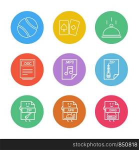 Ball , card , dish , doc , word file , zip , compressed file , mp3 , audio file , apk , android file , dmg , apple file , icon, vector, design, flat, collection, style, creative, icons