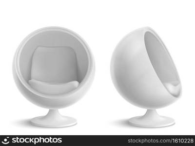 Ball chair, round armchair front and side view. Futuristic furniture design for home or office interior, comfortable egg shaped seat isolated on white background. Realistic 3d vector illustration. Ball chair, round armchair front and side view