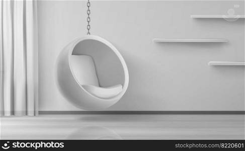 Ball chair, round armchair hang on chain at home interior. Futuristic furniture for home or office, egg shaped seat on white wall with shelves and curtain background Realistic 3d vector stylish design. Ball chair, round armchair hang on chain at home