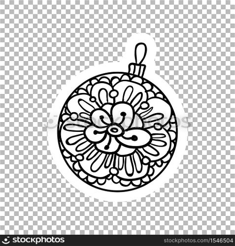 Ball decor Sticker vector linear illustration. Winter hand drawn clipart. Black and white sticker on transparent background. Christmas, New Year decoration. Coloring book isolated design element. Ball decor Sticker ornate illustration