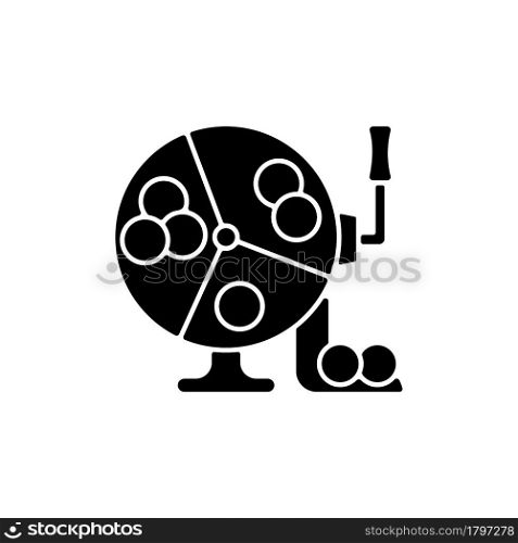Ball draw machine black glyph icon. Drawing winning numbers for lottery game. Bingo blowers. Raffle drum. Random number generation. Silhouette symbol on white space. Vector isolated illustration. Ball draw machine black glyph icon