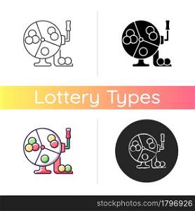 Ball draw machine icon. Drawing winning numbers for lottery game. Bingo blowers. Raffle drum. Random number generation. Rotating arms. Linear black and RGB color styles. Isolated vector illustrations. Ball draw machine icon