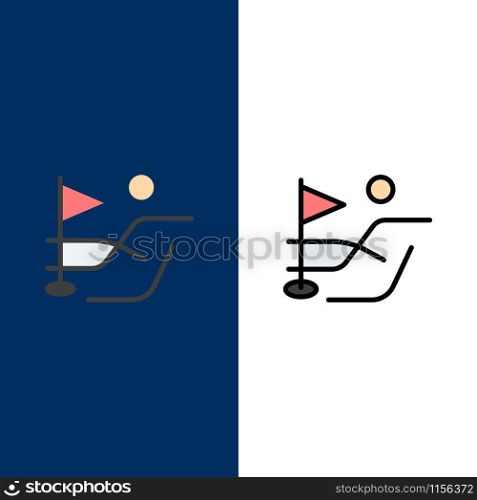 Ball, Field, Golf Sport Icons. Flat and Line Filled Icon Set Vector Blue Background