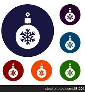 Ball for the Christmas tree icons set in flat circle reb, blue and green color for web. Ball for the Christmas tree icons set