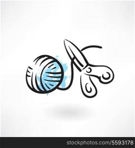 ball of yarn and scissors grunge icon