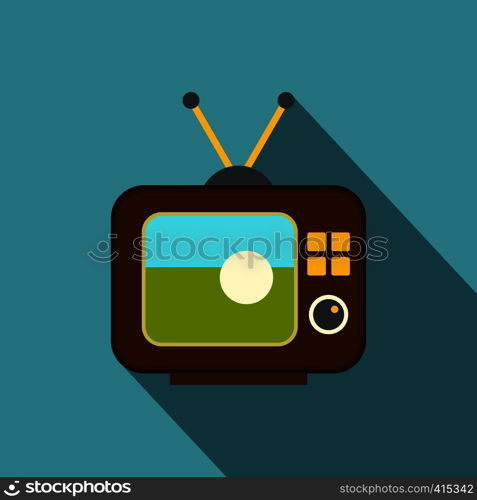 Ball on the screen of retro TV icon. Flat illustration of ball on the screen of retro TV vector icon for web on baby blue background. Ball on the screen of retro TV icon, flat style