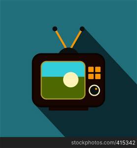 Ball on the screen of retro TV icon. Flat illustration of ball on the screen of retro TV vector icon for web on baby blue background. Ball on the screen of retro TV icon, flat style