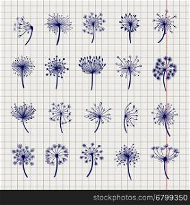 Ball pen dandelion sketch collection. Ball pen dandelion sketch collection. Dandelion and seeds on notebook page vector illustration