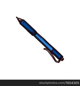 Ball pen isolated school stationery, writing tool sketch. Vector ballpoint fountain ballpen. Ballpoint pen isolated stationery tool. Vector
