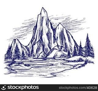 Ball pen landscape doodle on white background - sketch of river mountain and forest. Ball pen landscape sketch on white background - sketch of river mountain and forest vector