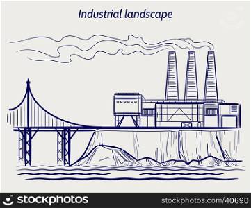 Ball pen sketch industrial landscape. Ball pen sketch blue industrial landscape vector illustration