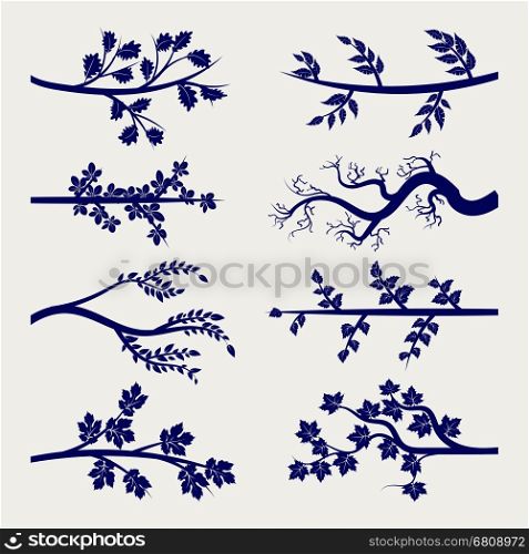 Ball pen tree branches with leaves. Ball pen drawing tree branches with leaves silhouette isolated on grey. Vector illustration