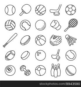 Ball sports line icons. Outline equipment for football, tennis, badminton and soccer, baseball and boxing. Thin linear game vector set. Ball football, sport game , handball and volleyball illustration. Ball sports line icons. Outline equipment for football, tennis, badminton and soccer, baseball and boxing. Thin linear game logo vector set