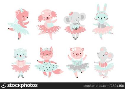 Ballerina animal. Elephant and mouse ballet dancer, fairy bunny and fox in tutu. Cute dance character for baby clipart, little cartoon childish vector set. Illustration of mouse and elephant ballerina. Ballerina animal. Elephant and mouse ballet dancer, fairy bunny and fox in tutu. Cute dance characters for baby clipart, little cartoon childish nowaday vector set