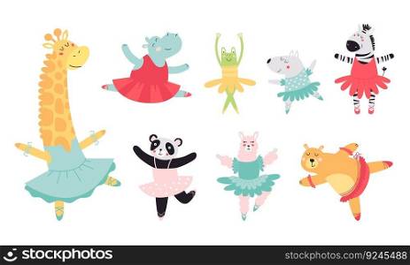 Ballet animals baby clipart. Cute ballerinas in tutu and pointe shoes. Animal dances in dress, cartoon classy vector childish characters. Funny bear and giraffe, ballerina of animal funny illustration. Ballet animals baby clipart. Cute ballerinas in tutu and pointe shoes. Animal dances in dress, cartoon classy vector childish characters. Funny bear and giraffe