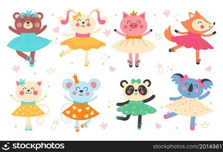 Ballet animals. Cute ballerinas characters. Funny dancers in delicate airy dresses. Cartoon bunny and kitten. Happy pig girls and rabbits dance. Isolated pretty panda posing. Vector kids fairies set. Ballet animals. Cute ballerinas characters. Funny dancers in delicate airy dresses. Cartoon bunny and kitten. Pig girls and rabbits dance. Pretty panda posing. Vector kids fairies set