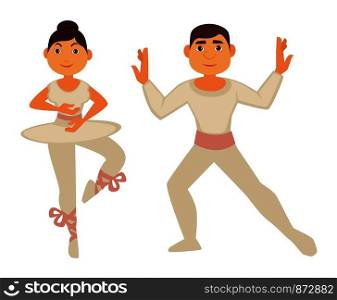 Ballet dancers in white skinny clothes perform dance. Woman in tutu and pointes stand on one hand and man in tight leggings and shirt show move isolated cartoon flat vector illustrations set.. Ballet dancers in white skinny clothes perform dance